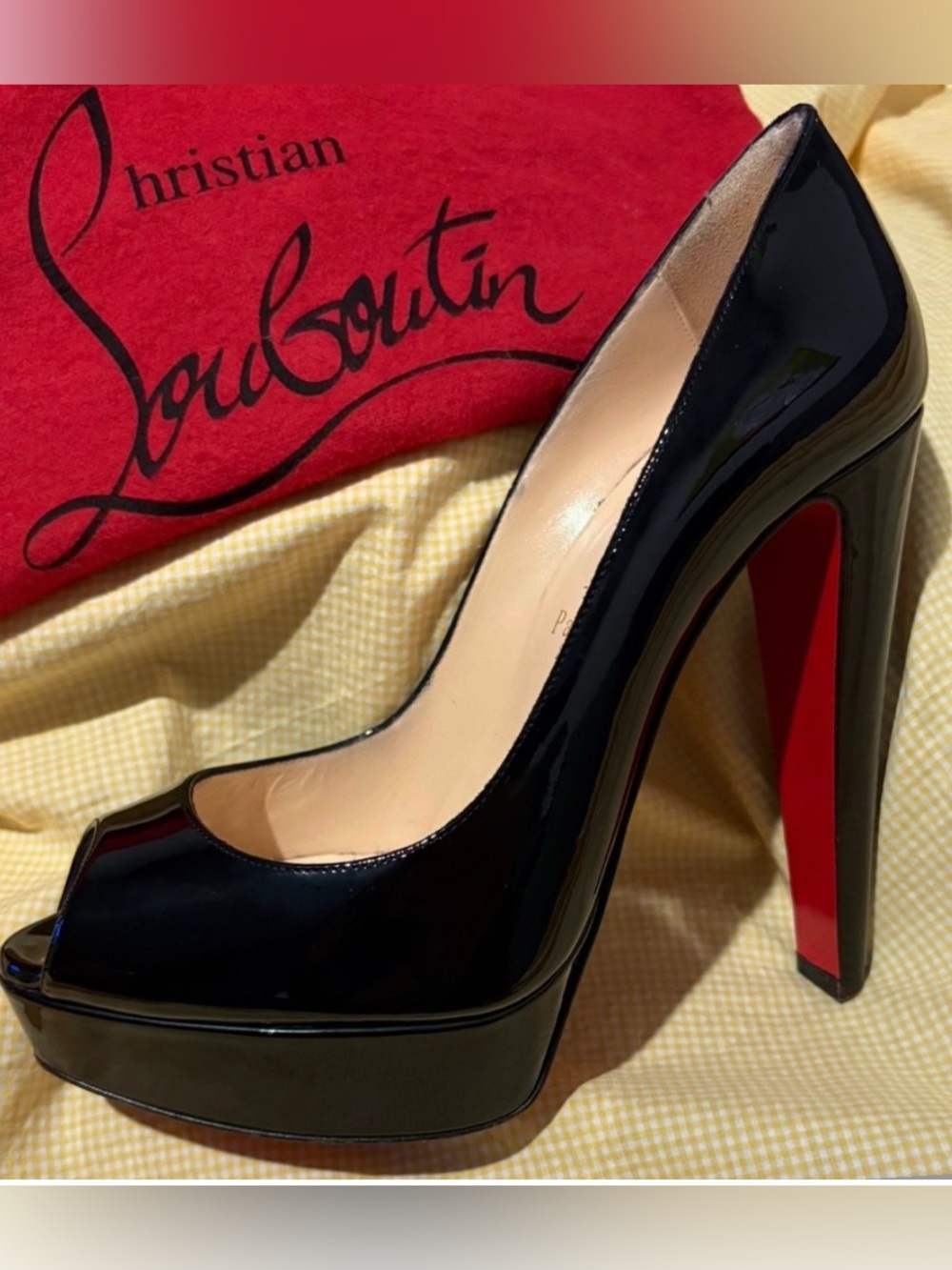 Christian Louboutin Black Patent Peep-Toe Platform Pump with Red Sole Size 38.5